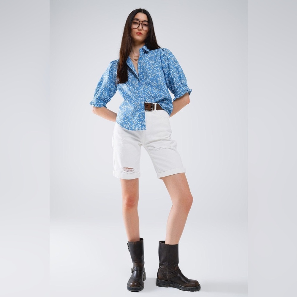 ATELIER INDUSTAIE | Blue floral pocket ruffle puff shirt sleeve button up shirt